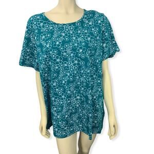Blair turquoise teal tee white floral print short sleeve scoop neck top 2XL